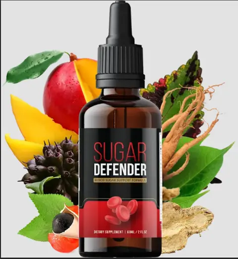 Sugar Defender bottle surrounded by mango, ginseng root, guarana and leaves
